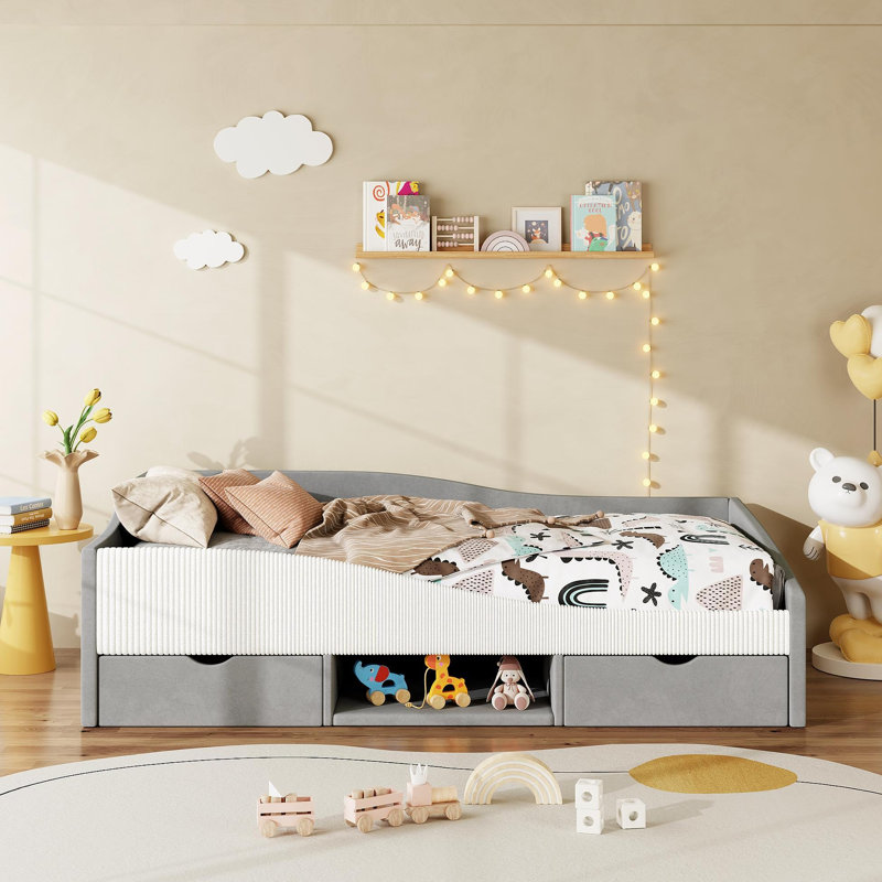 Structure de lit de jour simple rembourrée avec 2 tiroirs de rangement, gris, Twin, Gray