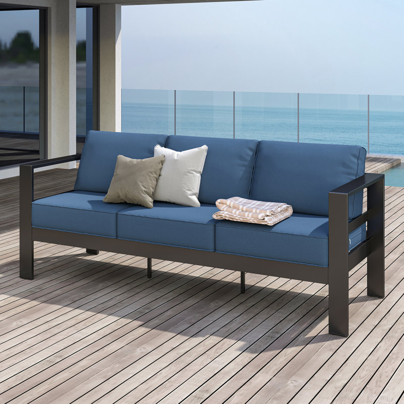 76'' Wide Aluminum Outdoor Sofa with Cushions, Navy, Dark Gray