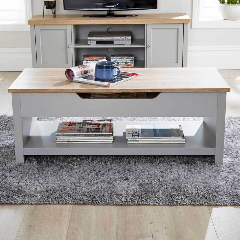Grey Oak Coffee Table Lift Up Occasional Reception Storage Shelf Avon, Light Grey