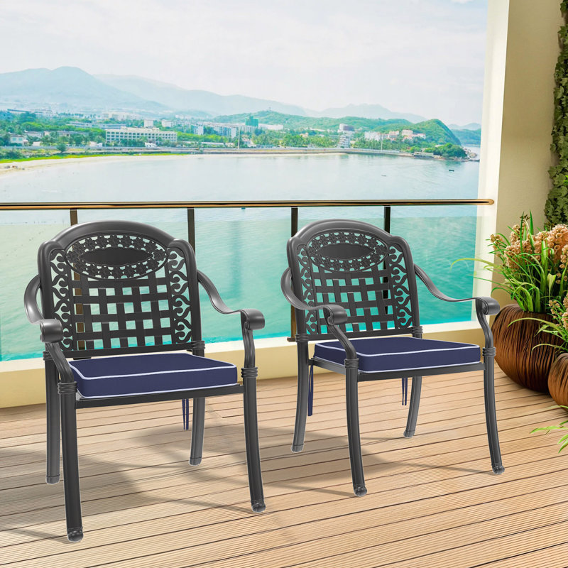 Chaise de patio en fonte d'aluminium 2 pièces avec structure et coussins, 2, Bleu
