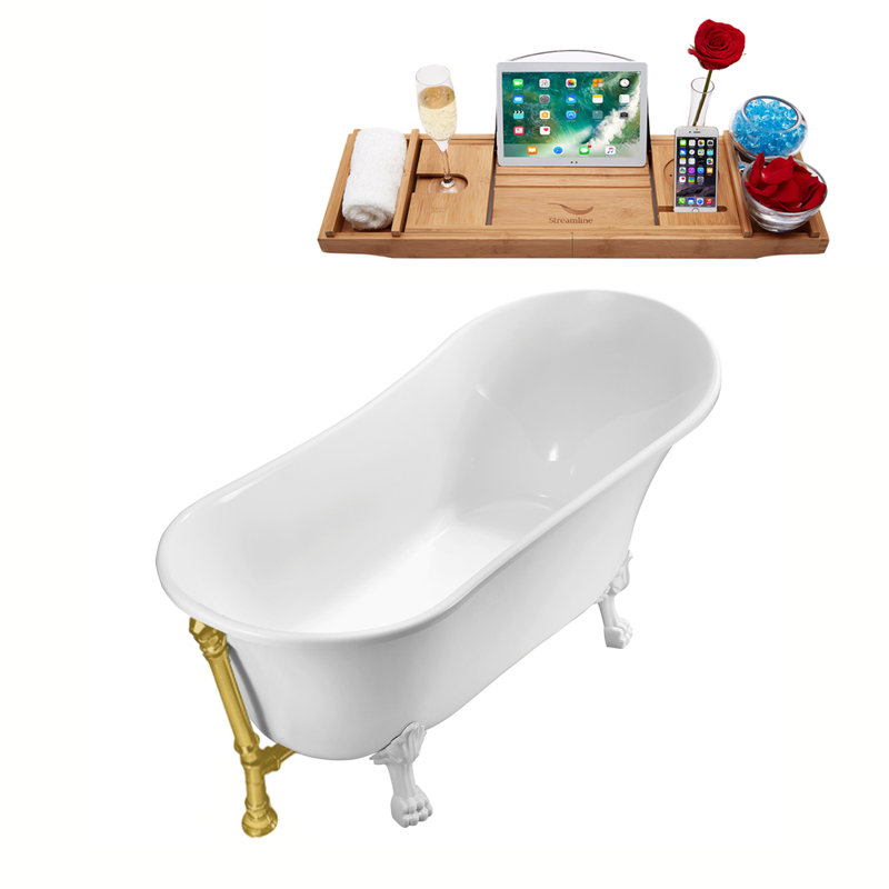 66.9'' x 31.5'' Soaking Acrylic Bathtub, Glossy White, Brushed Gold