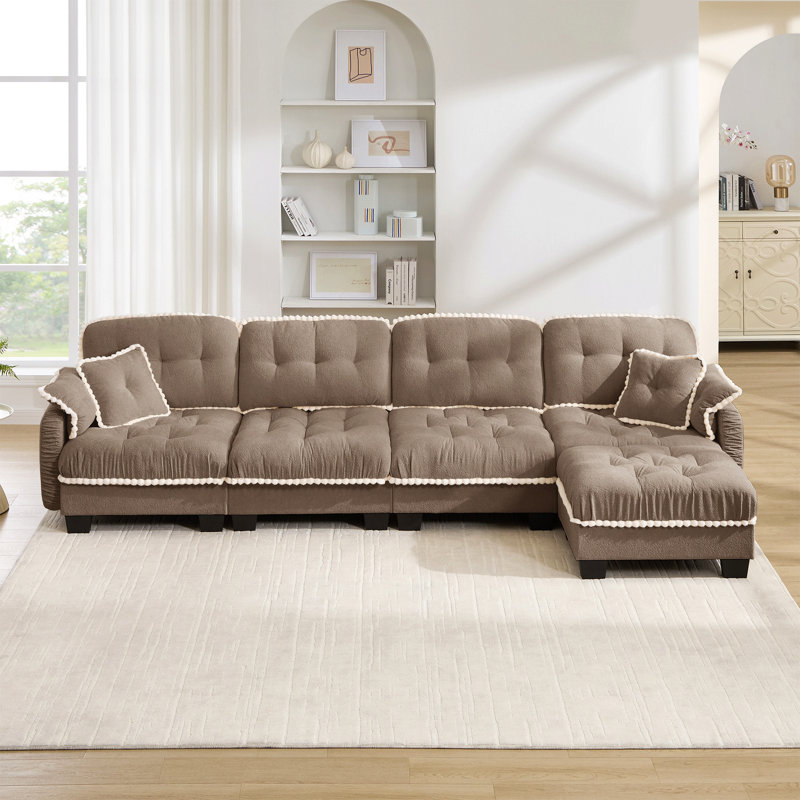 Canapé en forme de L en chenille avec 4 coussins, repose-pieds mobile à garniture pom-pom capitonnée, conception ergonomique, canapé à assise profonde facile à assembler pour le salon, le bureau