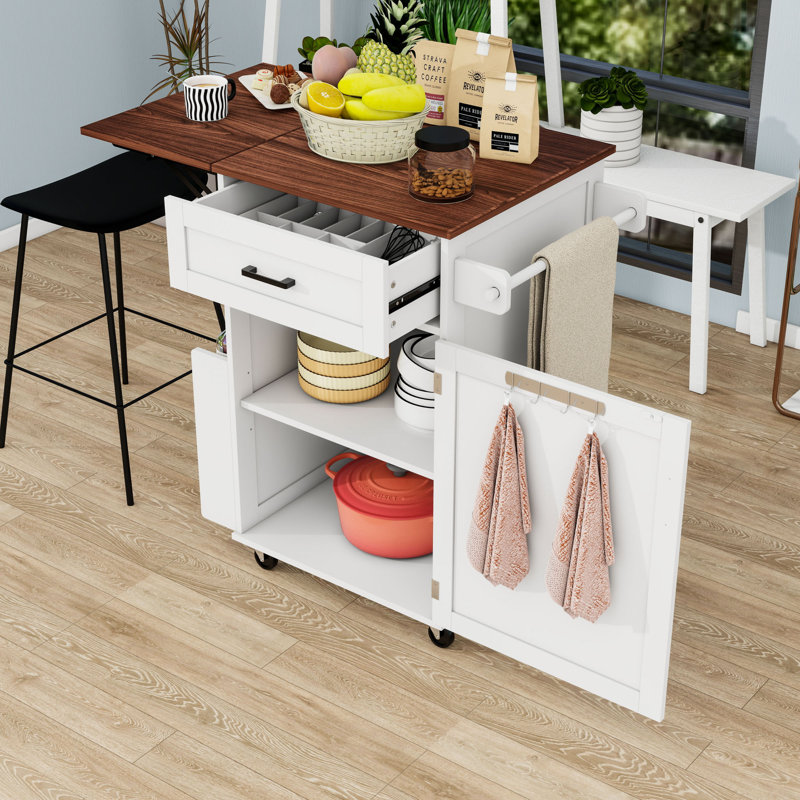 Kitchen Cart with Folding Drop Leaf, Drawer, Adjustable Shelf, Open Side Storage and Towel Bar, White