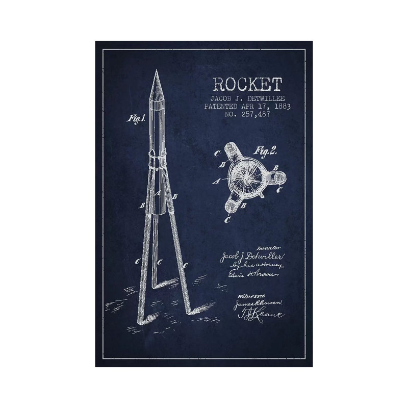 Jacob J. Detwillee Rocket Patent Sketch (Navy Blue) by Aged Pixel - Wrapped Canvas Gallery-Wrapped Canvas Giclée