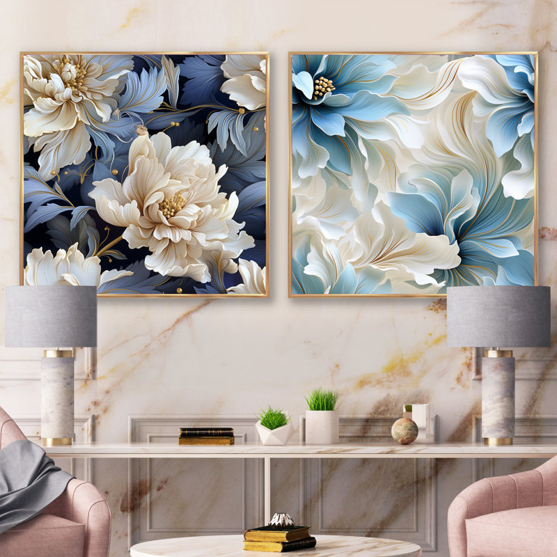 Maeva - Ensemble de 2 collages floraux carrés, Cadre flottant doré, H 36 po x l 73 po