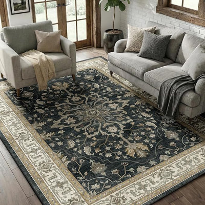 Tapis floral rétro lavable 5 pi x 7 pi pour salon et chambre à coucher - Tapis à poils courts antidérapant, hydrofuge et adapté aux animaux de compagnie, noir / beige