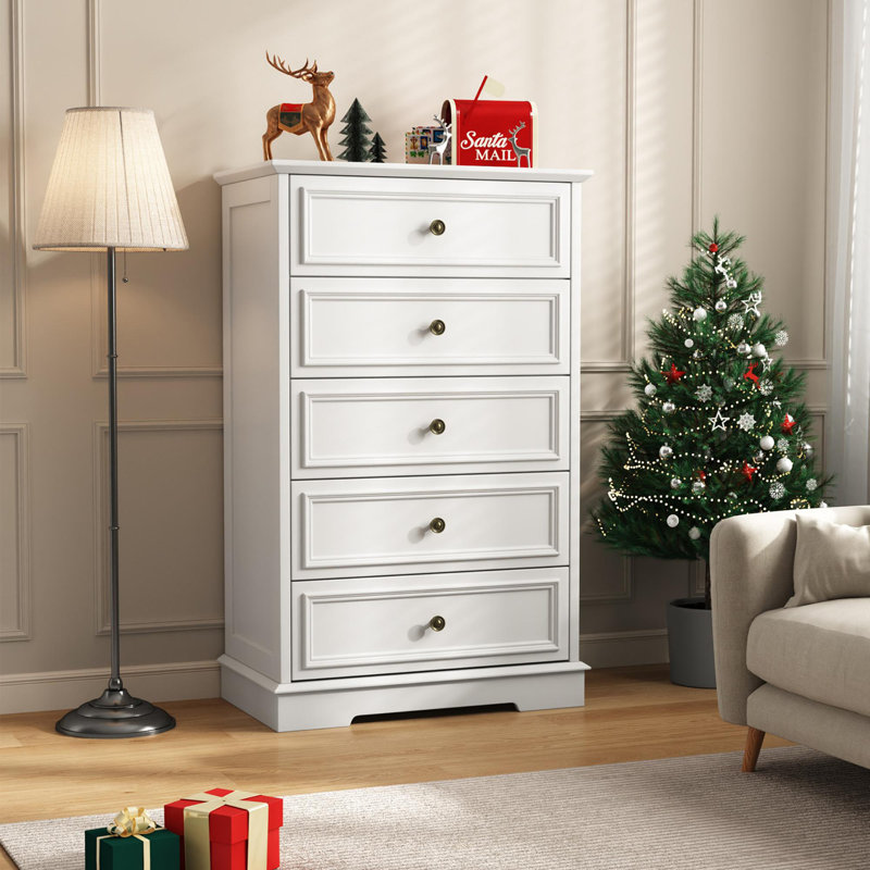Commode 5 tiroirs l 27,5 po avec poignées couleur bronze Valera, Blanc