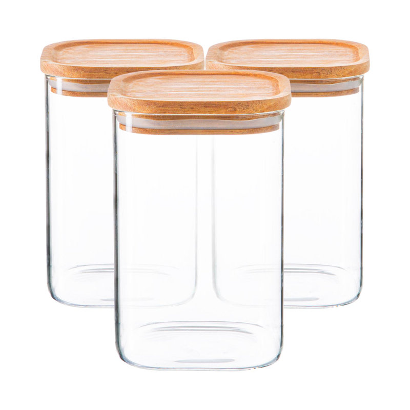 Argon Tableware - Square Glass Storage Jars with Wooden Lids - Set of 3, 16cm H x 10cm W x 10cm D