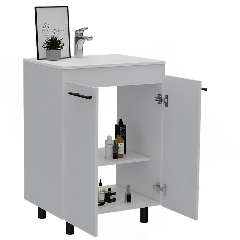Meuble-lavabo de 24 po Khari, armoire de plancher, porte double, deux tablettes - blanc