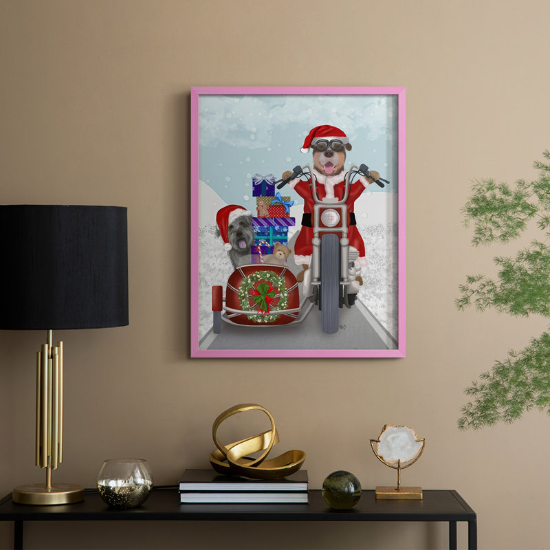 «Christmas Mutts Christmas Chopper», reproduction encadrée - bois massif, H 15 po x l 12 po, Rose