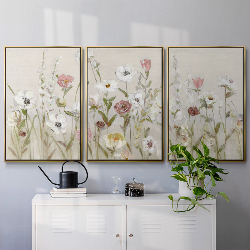 Bloomin Around - 3 pièces, reproduction encadrée sur toile, H 24 po x l 48 po x P 2 po, Or