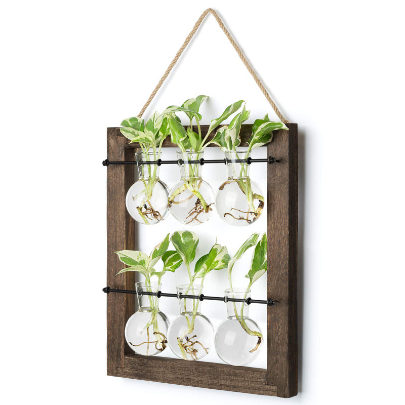 Propagation station suspendue pot de fleurs en verre, vase à bulbes de fleurs terrarium avec support en bois rétro double couche pour plantes hydroponiques décoration de bureau de jardin