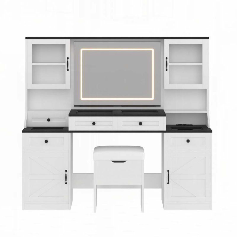 Farmhouse Vanity Desk with Mirror and LED Lights,Cushion Stool