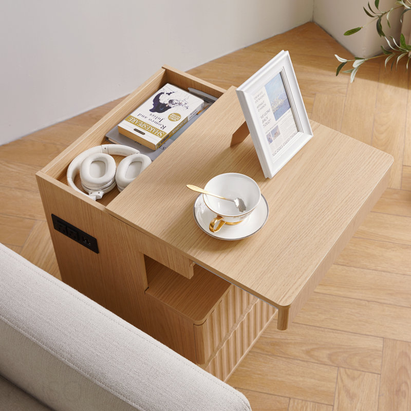 Table de chevet moderne avec tiroir pour armes à feu, table de chevet avec station de charge, 2 tiroirs et tablette ouverte, table d'appoint pour la chambre à coucher (chêne)