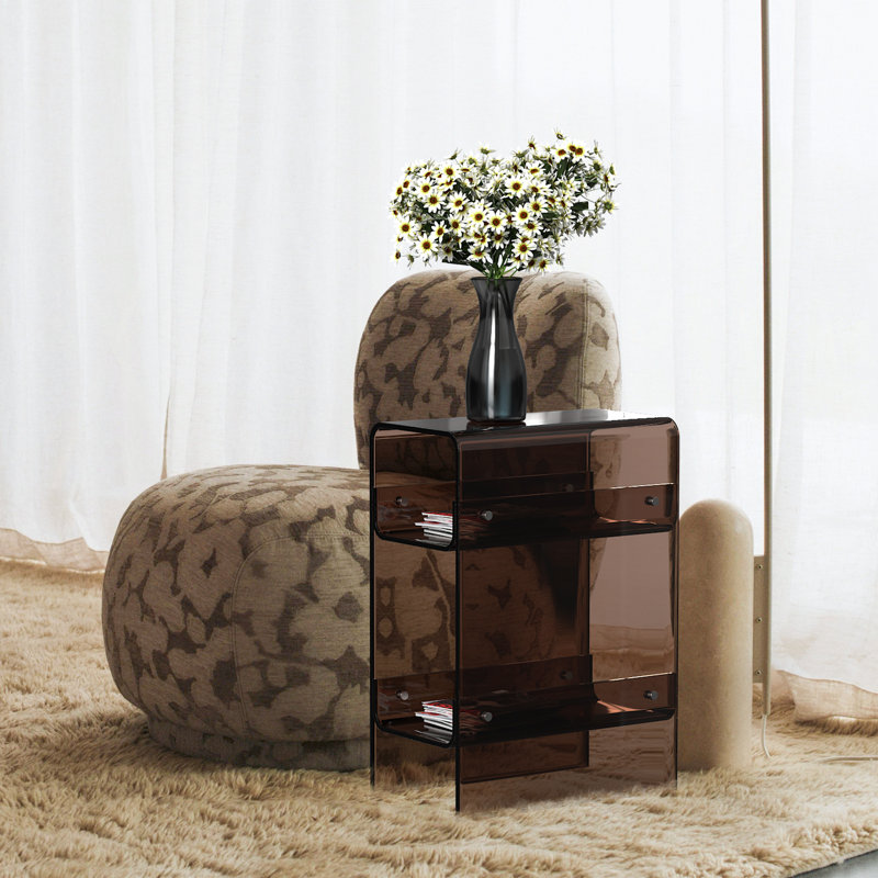 Table de bout moderne en acrylique à trois rangées de rangement dans le salon et la chambre à coucher, Brun