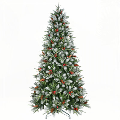 Arbre de Noël 7 pi avec 2178 pointes, baies rouges et pommes de pin