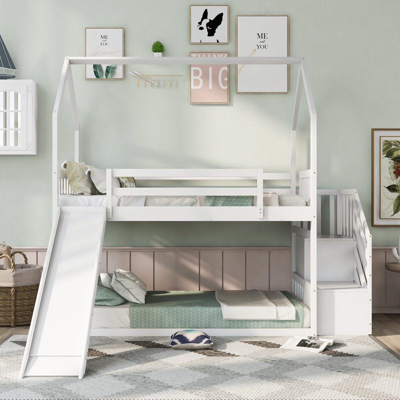 House Bunk Bed With Convertible Slide, White