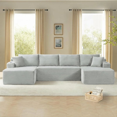Très grand canapé désossé avec méridienne avec nuage, canapé modulaire moderne avec assise profonde, canapé rembourré en velours côtelé en U pour le salon, aucun assemblage requis
