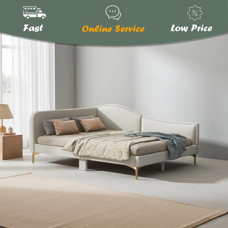 Upholstered Daybed With Headboard And Armrest, Beige,  Full/Double