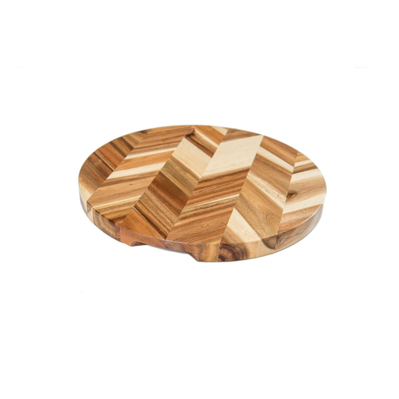 Acacia Herringbone Round Cutting /Serve Board W/ Inset Handles