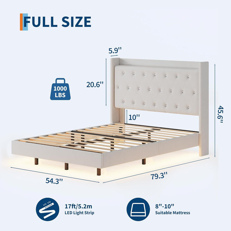 Bed Frame With LED Lights And Wingback, Full, White