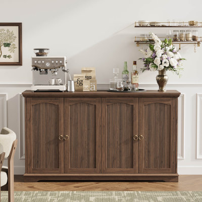 55" Mid-Century Sideboard Cabinet with 4 Doors and Adjustable Shelves, Buffet Cabinet with Gold Ring Pulls