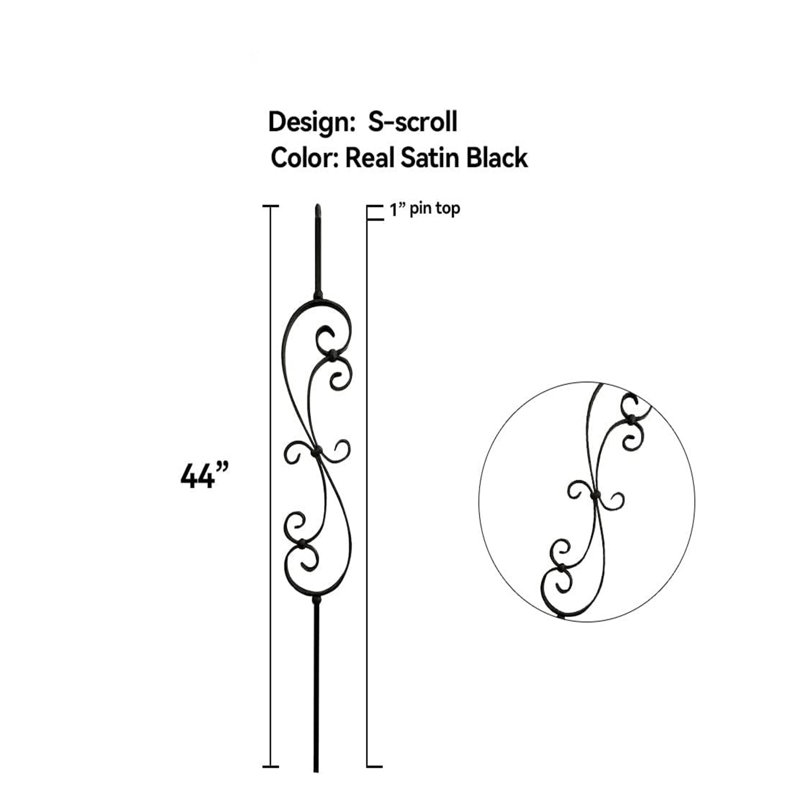 Satin Black Hollow Wrought Iron Scroll Staircase Balusters Set