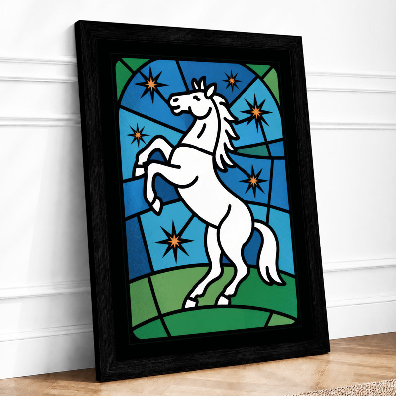 Rearing Horse in Stained Glass Geometric - Framed Print, Black, A4 - 29.7 x 21.0 cm