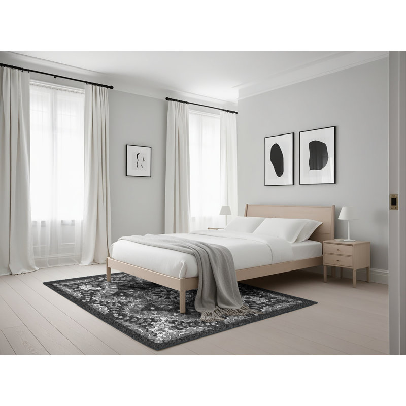 Laine tissée à la machine de style oriental et polyester noir/gris Tapis décoratif, Rectangle 5 pi x 7 pi
