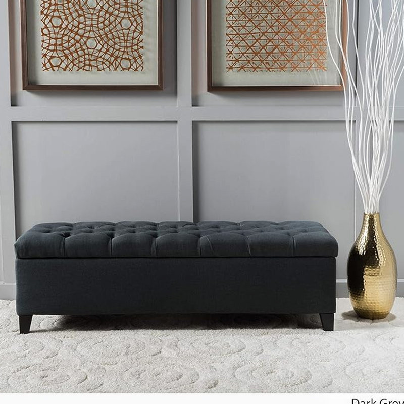 Tissu moderne gris foncé mesurant 52,49 po de largeur x 17,59 po de profondeur et 16,88 po de hauteur, avec bouton à losanges, noyau en bois de bouleau gris avec capitonnage et coutures, 51 po x 17,5 po x 17 po, structure et fonction de rangement