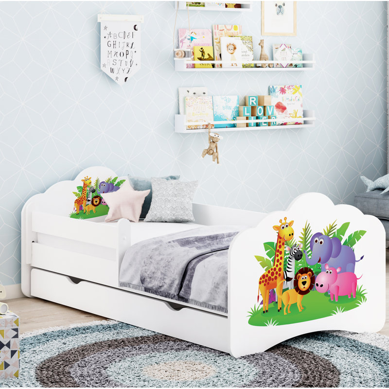 Romolo Cot Bed / Toddler Bed Frame with Drawers, White, 56.5 x 70 x 140cm