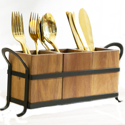 Porte-couverts à ustensiles avec 3 compartiments, range-ustensiles en bois avec plateau en métal, range-ustensiles de cuisine rustique