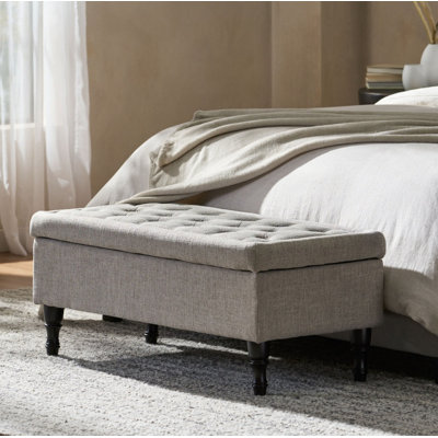 Banc de rangement avec repose-pieds avec pieds en bois massif - Conception capitonnée, grand banc de rangement pour le salon / la chambre à coucher / le vestibule, banc de pied de lit idéal et banc de fenêtre