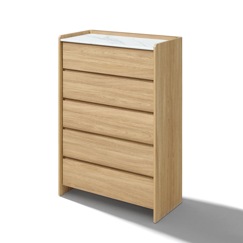 31.4'' 5 Drawer Dresser, Modern Wood Dresser with Marble-Style Top, Bedroom Storage Chest, Hazel Oak