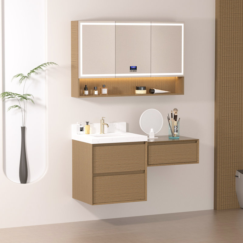 Ensemble de meuble-lavabo mural 48 po avec plateau en pierre reconstituée et armoire de rangement modulaire, L 48 po