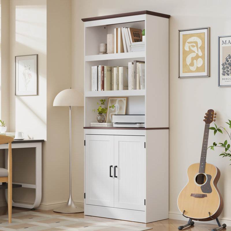 71" Tall Bookshelf With Doors, 5 Tiers Farmhouse Bookcase With Adjustable Shelves, Wooden Rustic Display Cabinet For Home Office, Living Room, White