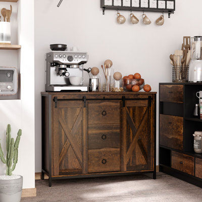 Armoire industrielle, brun rustique avec portes coulissantes, trois tiroirs et tablettes réglables pour l'organisation de la maison - dans 3 tiroirs, décoration