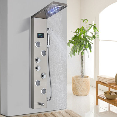 Brushed Nickel LED Shower Panel Tower System Set Rain&Waterfall Head Massage Jet