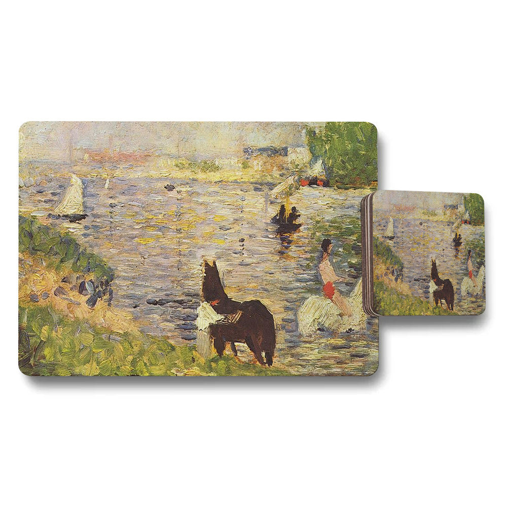 Placemat And Coaster Set With Impressionist River Scene Dogs