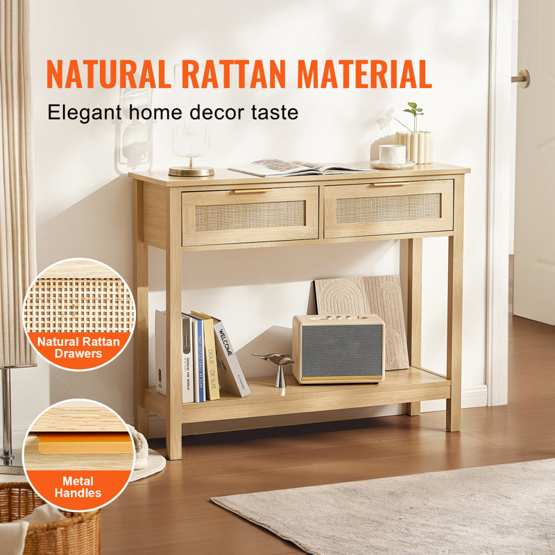 Natural Oak and Rattan Console Table with Storage Drawers