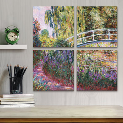 Ensemble de 4 panneaux muraux sur toile - "Le pont japonais IV" par Claude Monet pour décoration de salon, de chambre à coucher ou de bureau 