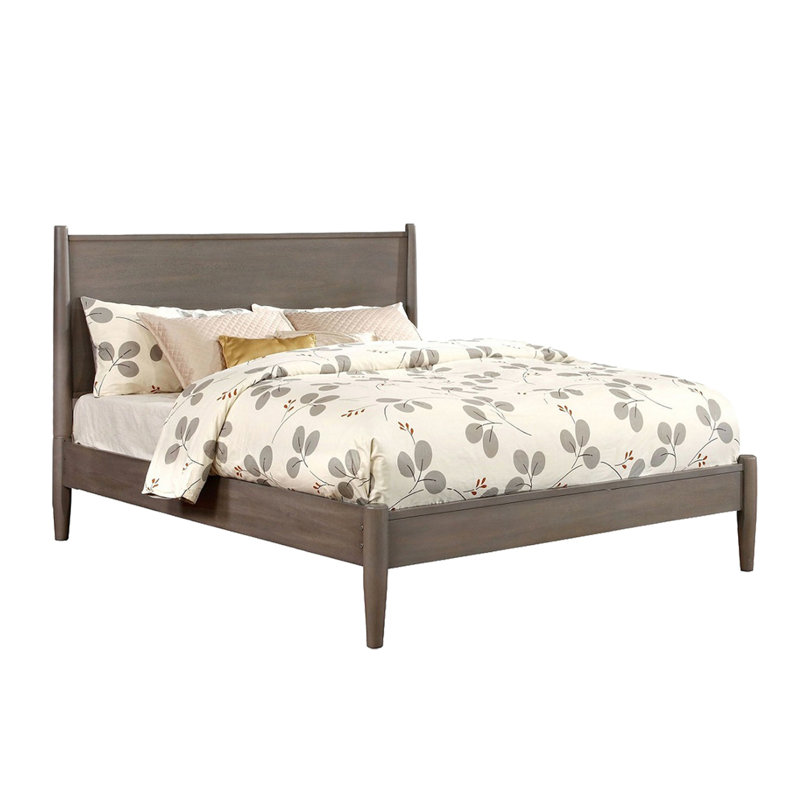 Lit plateforme très grand Mid-Century gris en bois, tête de lit haute et gracieuse, pieds fuselés ronds, ensemble de lattes, structure, assemblage de support en bois moderne sans sommier, nécessaire