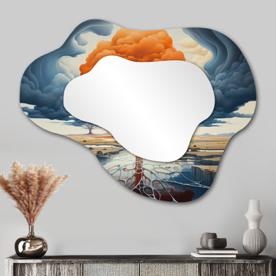 Majestic Orange Tree Of Life - Tree Cloud Mirror, Orange Asymmetrical Decorative Wall Mirror, Printed Metal Art