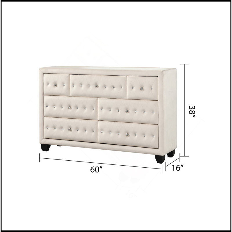 Commode capitonnée en cristal de style moderne avec 7 tiroirs et tissu en velours de couleur crème, Crème