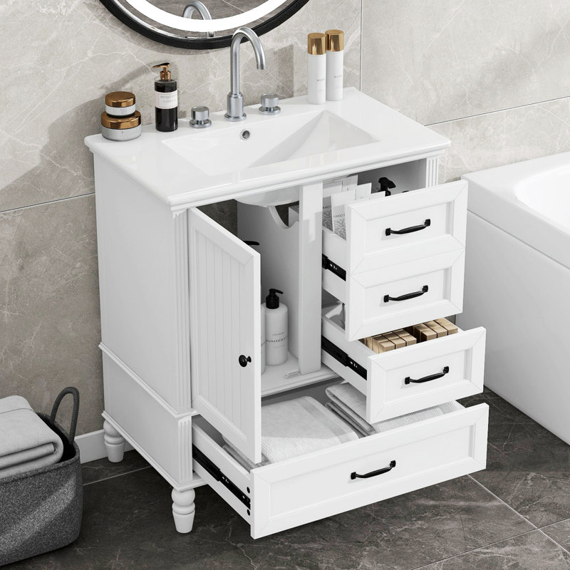 Meuble-lavabo de style moderne avec lavabo, armoire de salle de bain avec porte et trois tiroirs