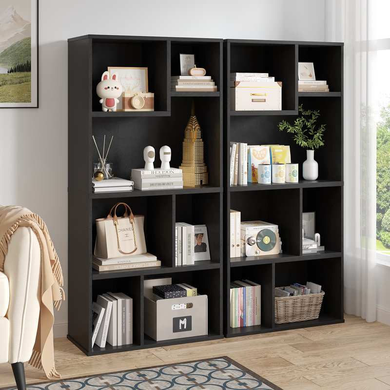 Melgarejo Bookshelves and Bookcases Set of 2, Freestanding Corner Bookshelf Storage Cabinet with Multiple Open Shelves, 2 Pcs Floor Standing Display Storage Shelves for Home Office, Living Room, or Bedroom