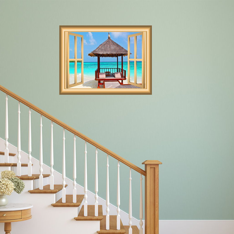 Décalcomanie murale fenêtre beach hut ocean, H 36 po x l 46 po x P 0,01 po