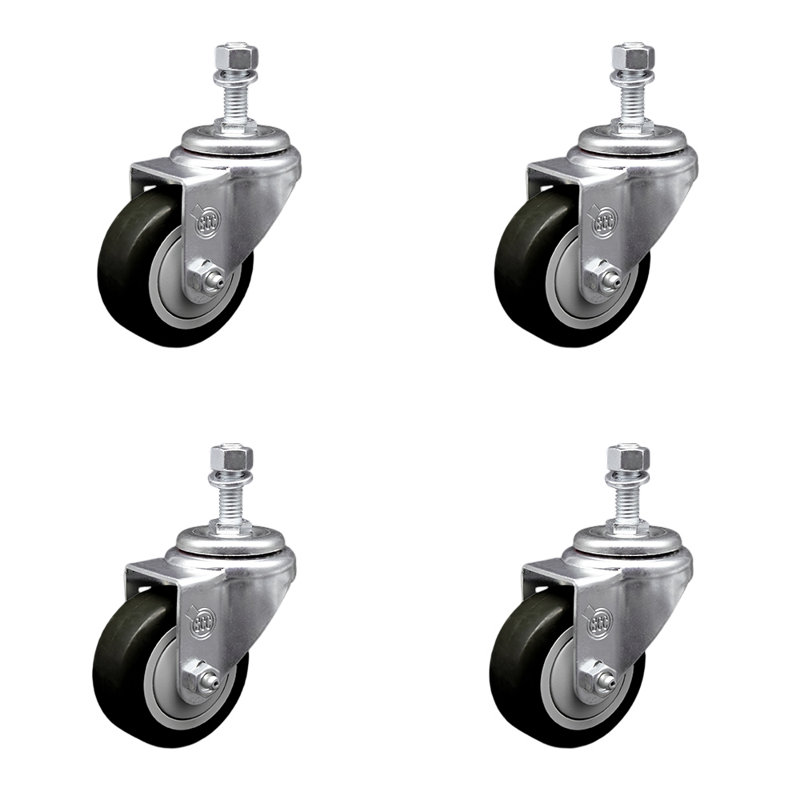 3 Inch_Polyurethane Wheel Swivel 12mm Threaded Stem Caster Set SCC, Black