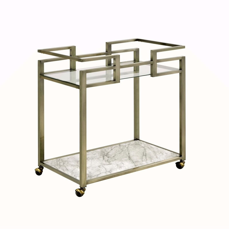 Chariot de service en verre transparent, plateau en faux marbre et laiton