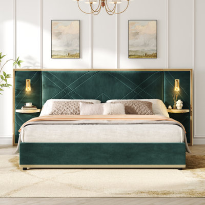 Calviano Upholstered Platform Bed With Wingback Headboard, LED Lighting, And Storage Side Panels